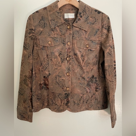 erin london Jackets & Blazers - Erin London suede/leather look brown paisley/flower collared blazer, long sleeve